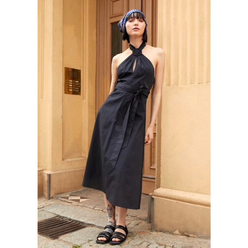 STAUD Womens  XL Black Kai Midi Dress Elegant Halter Designer Quiet Luxury